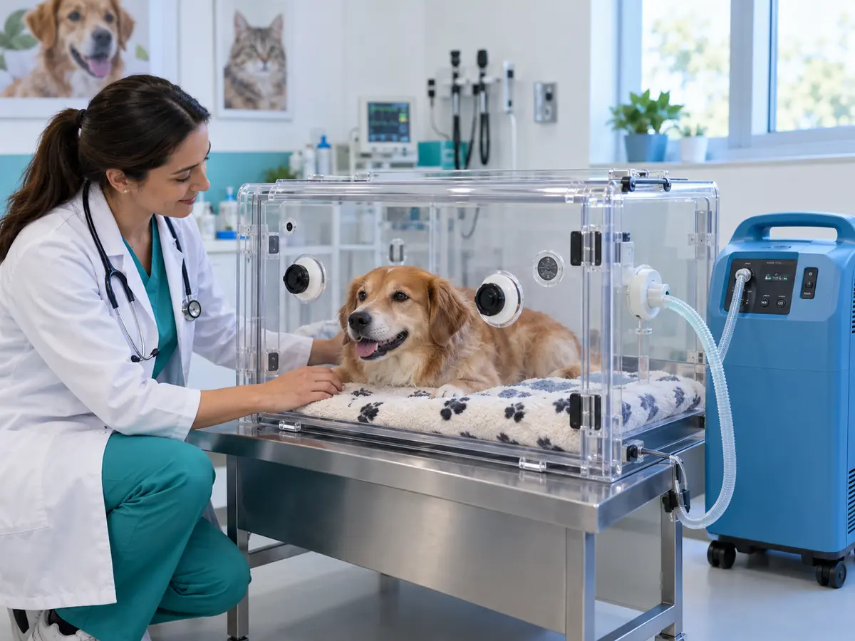 Cão recebendo oxigênio veterinário em câmara